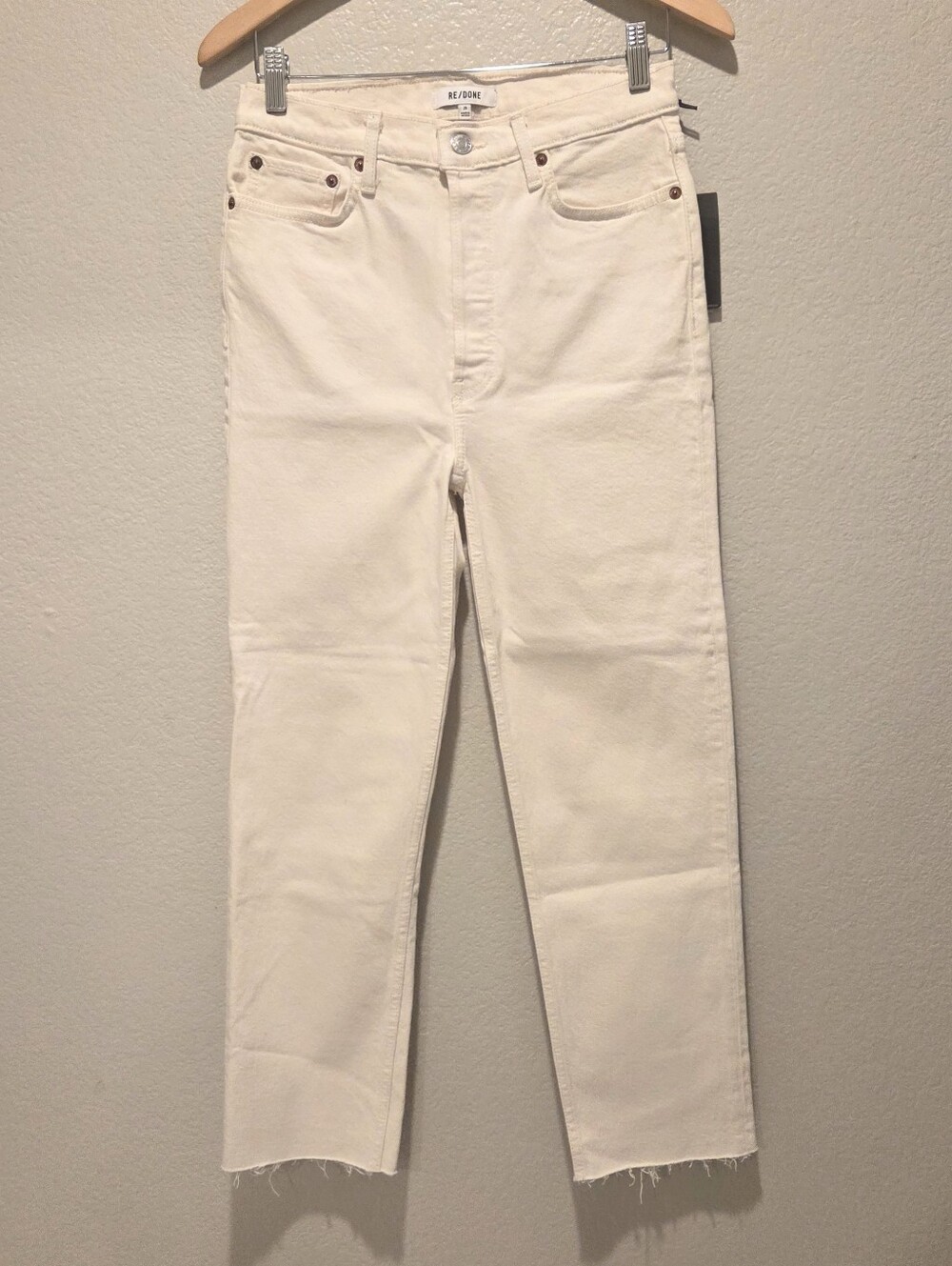 RE/DONE 70s Ultra High Rise Stove Pipe Jeans 29 Retro Cream Raw Hem